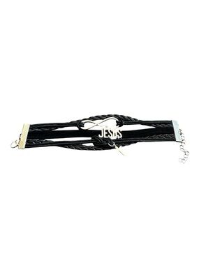 Black and Silver Adjustable Length Jesus Christian Bracelet